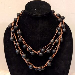 Black Wooden Beaded Multi Strand Cord Necklace